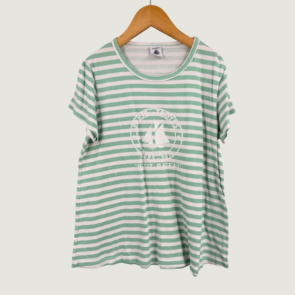 Petit Bateau Girls Green White Striped Sailboat T-Shirt Size 12 Years 150cm